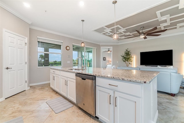 kitchen featuring ornamental molding, a sink, light stone counters, white cabinetry, and dishwasher