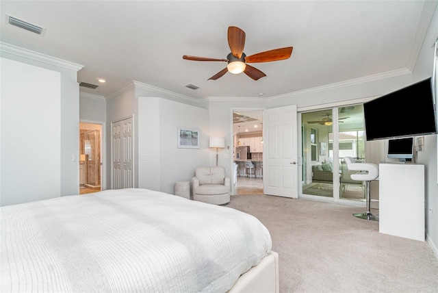 carpeted bedroom with recessed lighting, visible vents, and crown molding