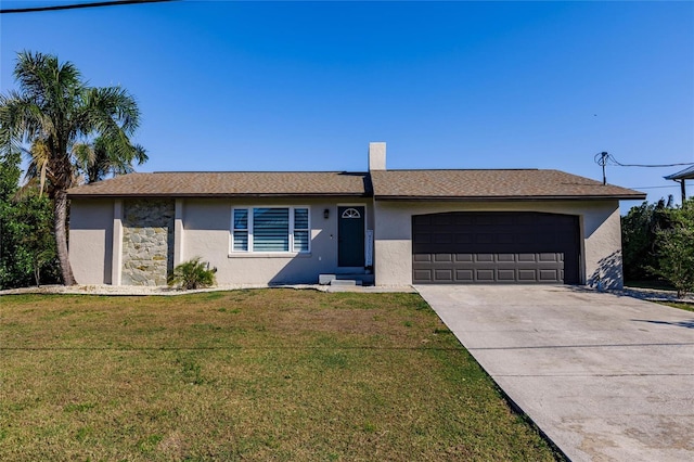 ranch-style house featuring a front yard, a garage, driveway, and stucco siding