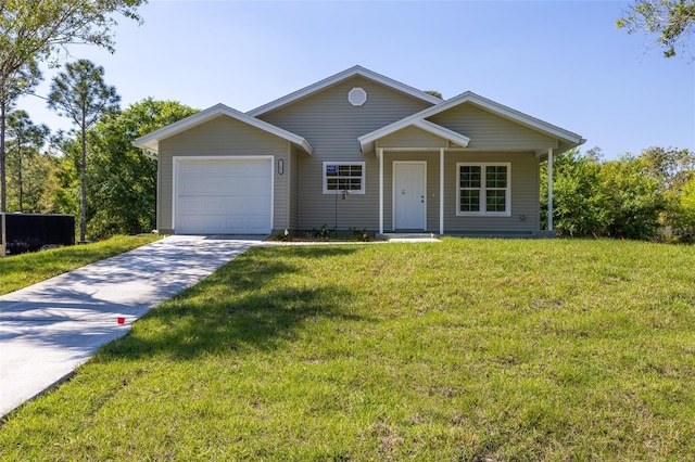 view of front facade featuring a garage, concrete driveway, and a front lawn