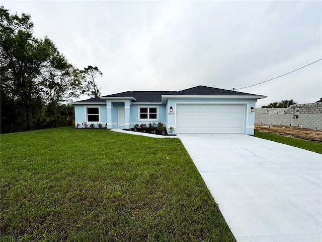 ranch-style home featuring an attached garage, a front lawn, concrete driveway, and stucco siding