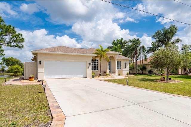 ranch-style home with stucco siding, an attached garage, concrete driveway, and a front lawn