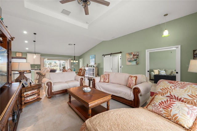 living room with visible vents, recessed lighting, ceiling fan, vaulted ceiling, and a barn door