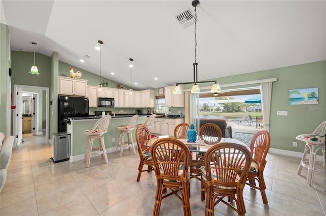 dining area featuring visible vents, recessed lighting, light tile patterned floors, baseboards, and vaulted ceiling