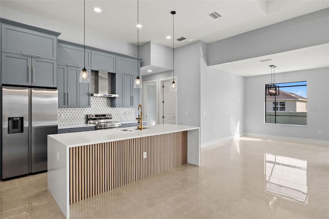 kitchen featuring a sink, visible vents, appliances with stainless steel finishes, wall chimney exhaust hood, and a center island with sink