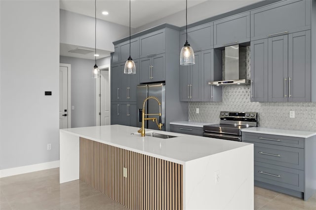 kitchen with stainless steel appliances, a sink, decorative backsplash, wall chimney exhaust hood, and a center island with sink