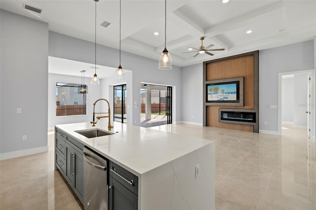 kitchen with a large fireplace, visible vents, coffered ceiling, dishwasher, and a sink