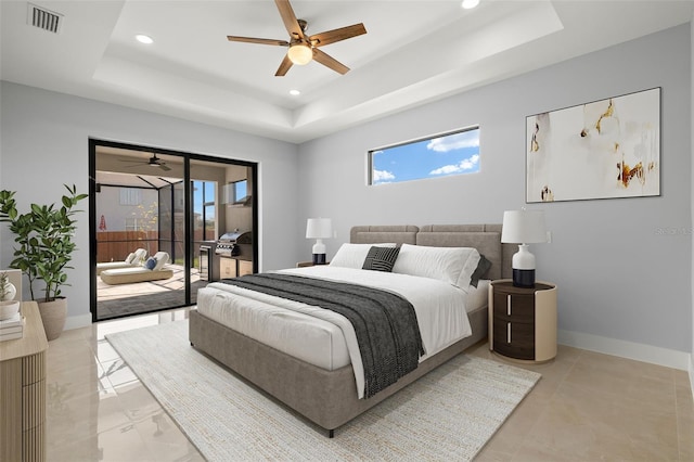 bedroom featuring recessed lighting, visible vents, baseboards, access to outside, and a raised ceiling