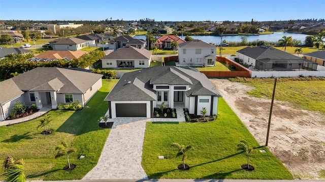 birds eye view of property featuring a water view and a residential view