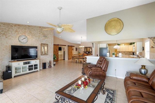 living room with light tile patterned floors, baseboards, high vaulted ceiling, and ceiling fan with notable chandelier