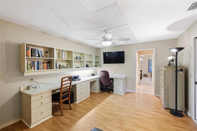 home office with baseboards, visible vents, light wood finished floors, ceiling fan, and a textured ceiling