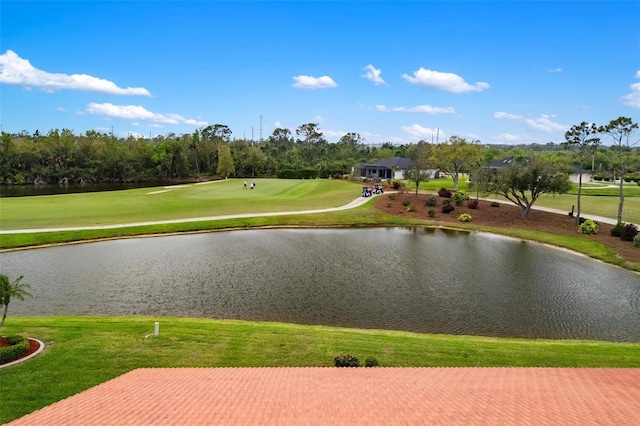 view of community with a yard and a water view