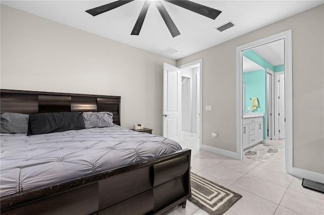 bedroom with a ceiling fan, visible vents, baseboards, and light tile patterned floors