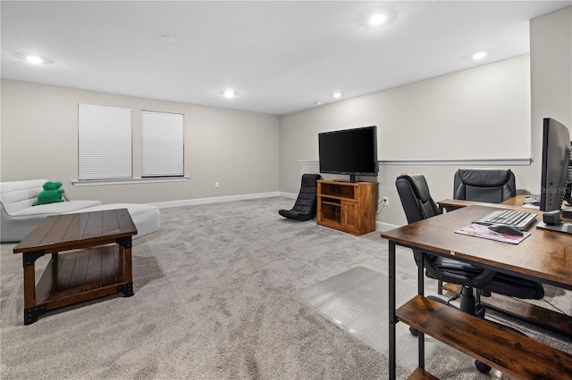 office space with carpet, baseboards, and recessed lighting