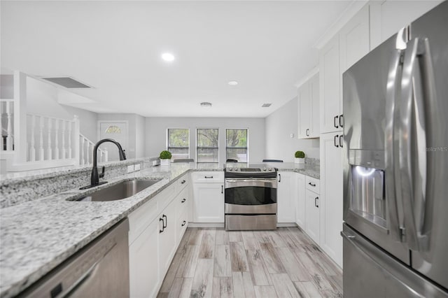kitchen with appliances with stainless steel finishes, white cabinets, visible vents, and a sink