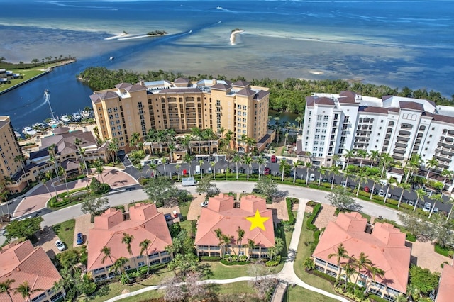 drone / aerial view featuring a water view