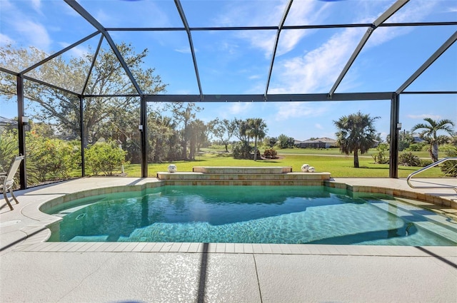 pool featuring glass enclosure, a lawn, and a patio