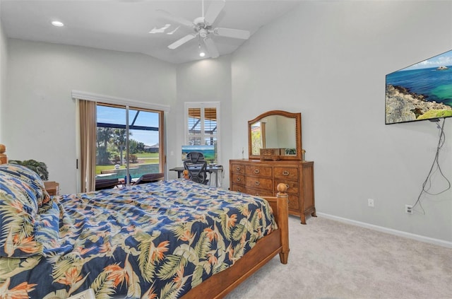 carpeted bedroom with baseboards, lofted ceiling, ceiling fan, access to exterior, and recessed lighting