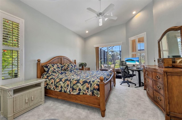 bedroom featuring access to exterior, recessed lighting, ceiling fan, and light colored carpet