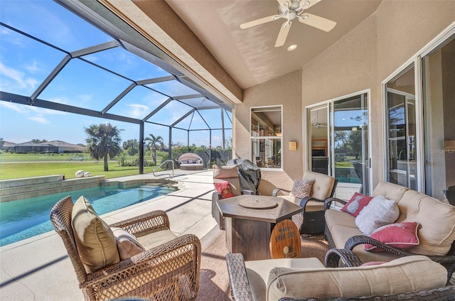 view of patio with an outdoor hangout area, ceiling fan, a lanai, and an outdoor pool