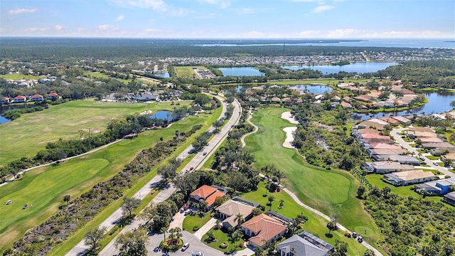 bird's eye view featuring a residential view, a water view, and golf course view