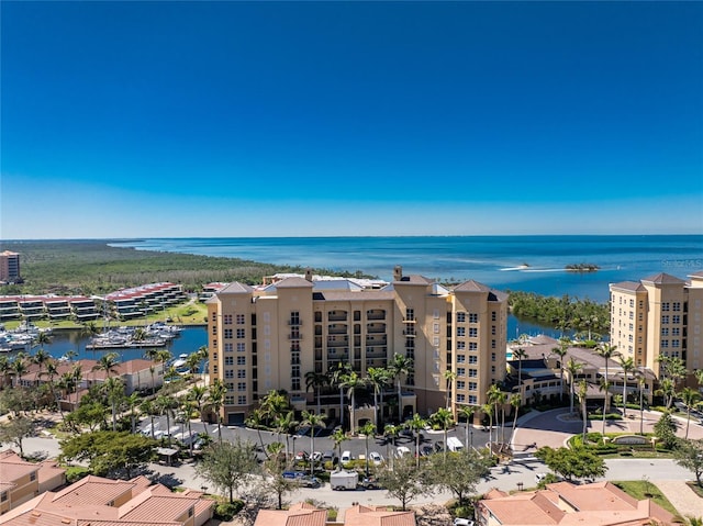 drone / aerial view with a water view