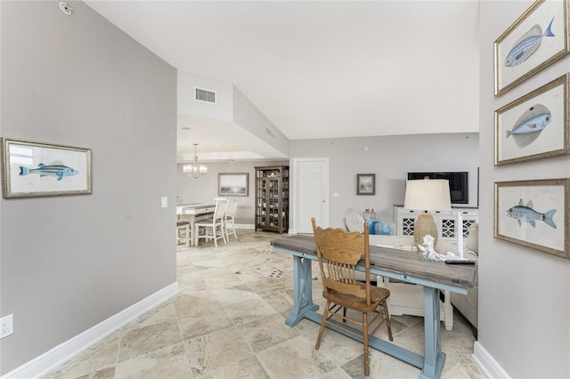 dining room featuring visible vents, baseboards, high vaulted ceiling, and a chandelier