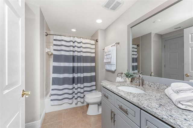 bathroom with tile patterned flooring, visible vents, toilet, vanity, and shower / bathtub combination with curtain