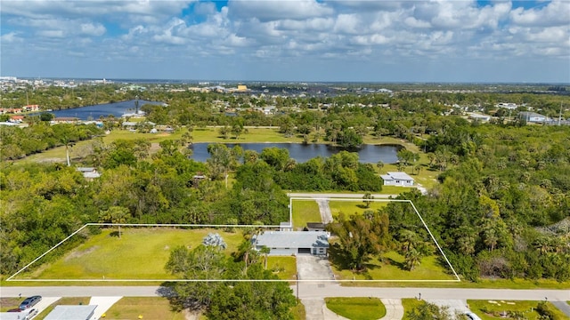 bird's eye view with a water view