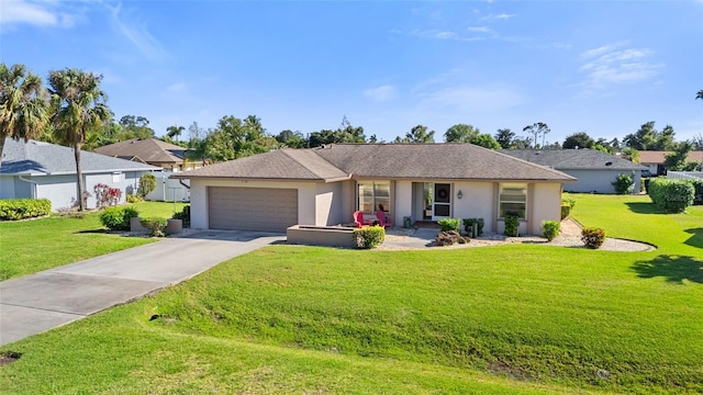 single story home with a garage, driveway, a front yard, and stucco siding