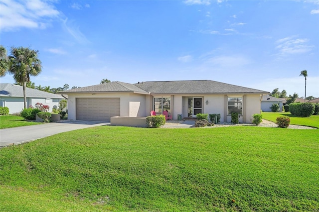 single story home with a garage, driveway, a front lawn, and stucco siding