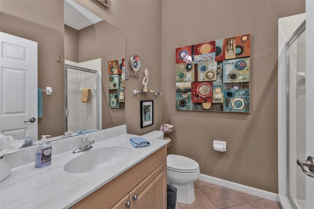 full bath featuring tile patterned flooring, toilet, baseboards, and a stall shower