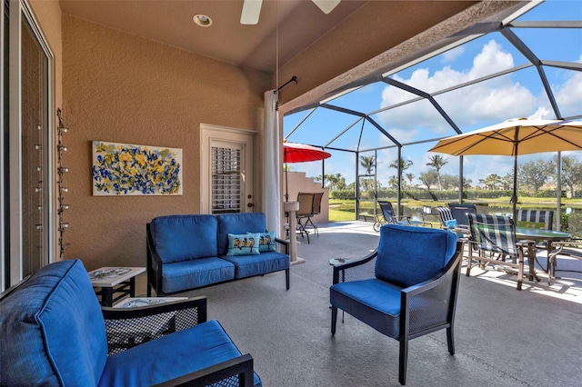 view of patio with outdoor lounge area, a lanai, and outdoor dining space