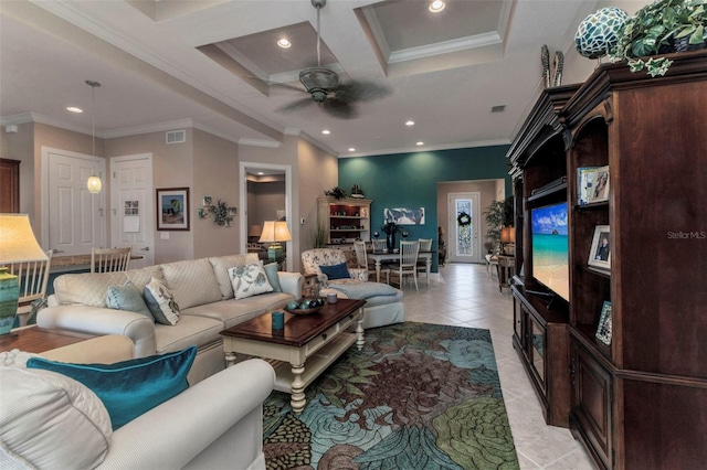 living room with coffered ceiling, recessed lighting, crown molding, light tile patterned floors, and ceiling fan