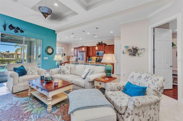 living area featuring recessed lighting, beam ceiling, coffered ceiling, and crown molding