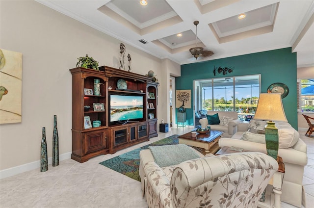 living area featuring visible vents, ornamental molding, coffered ceiling, recessed lighting, and baseboards