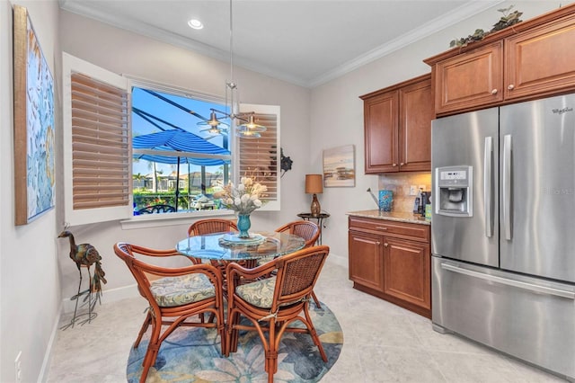 dining space with crown molding, light tile patterned flooring, recessed lighting, and baseboards