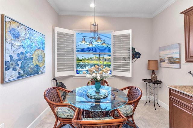 dining space with light tile patterned flooring, baseboards, and ornamental molding