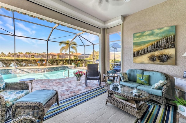 view of patio featuring glass enclosure, an outdoor living space, and an outdoor pool