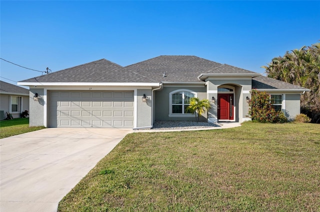 single story home featuring a front yard, concrete driveway, an attached garage, and stucco siding