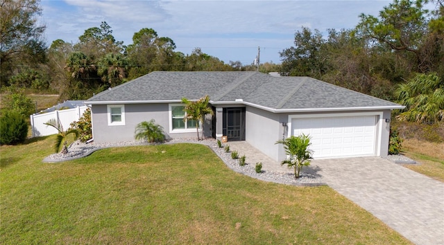 ranch-style house with decorative driveway, stucco siding, a front yard, fence, and a garage