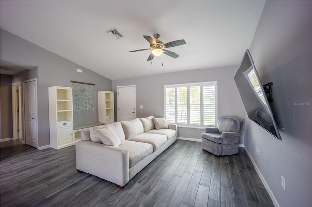 living area featuring visible vents, baseboards, a ceiling fan, lofted ceiling, and dark wood-style flooring