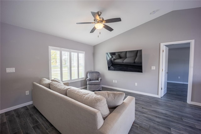 living area with dark wood-style floors, lofted ceiling, a ceiling fan, and baseboards