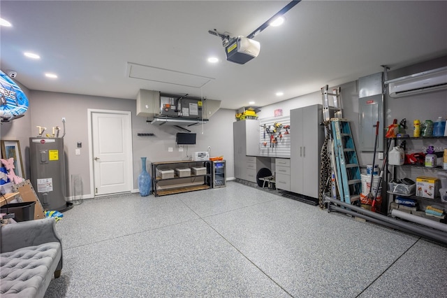 garage with a garage door opener, recessed lighting, water heater, and baseboards