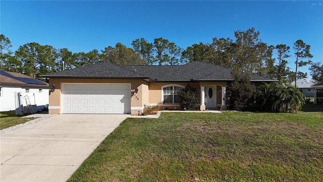 ranch-style house with a front yard, concrete driveway, an attached garage, and stucco siding