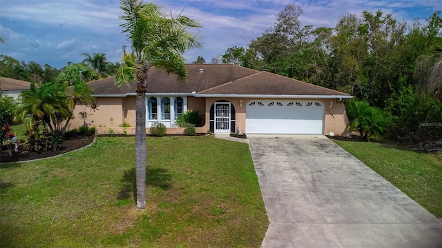 ranch-style house with an attached garage, a front lawn, concrete driveway, and stucco siding