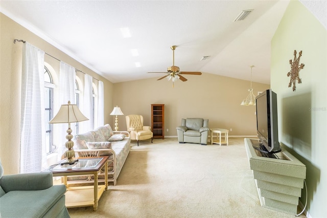 living room with visible vents, baseboards, a ceiling fan, lofted ceiling, and carpet