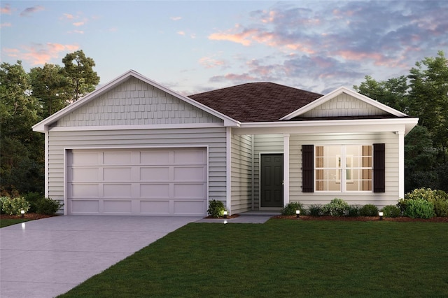 ranch-style house featuring a shingled roof, concrete driveway, a lawn, and an attached garage