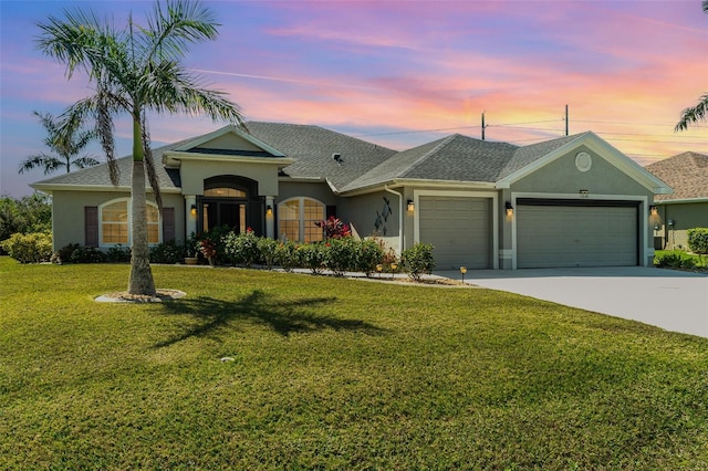 view of front of home with a garage, a front yard, concrete driveway, and stucco siding