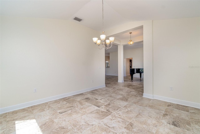 empty room with lofted ceiling, an inviting chandelier, baseboards, and visible vents